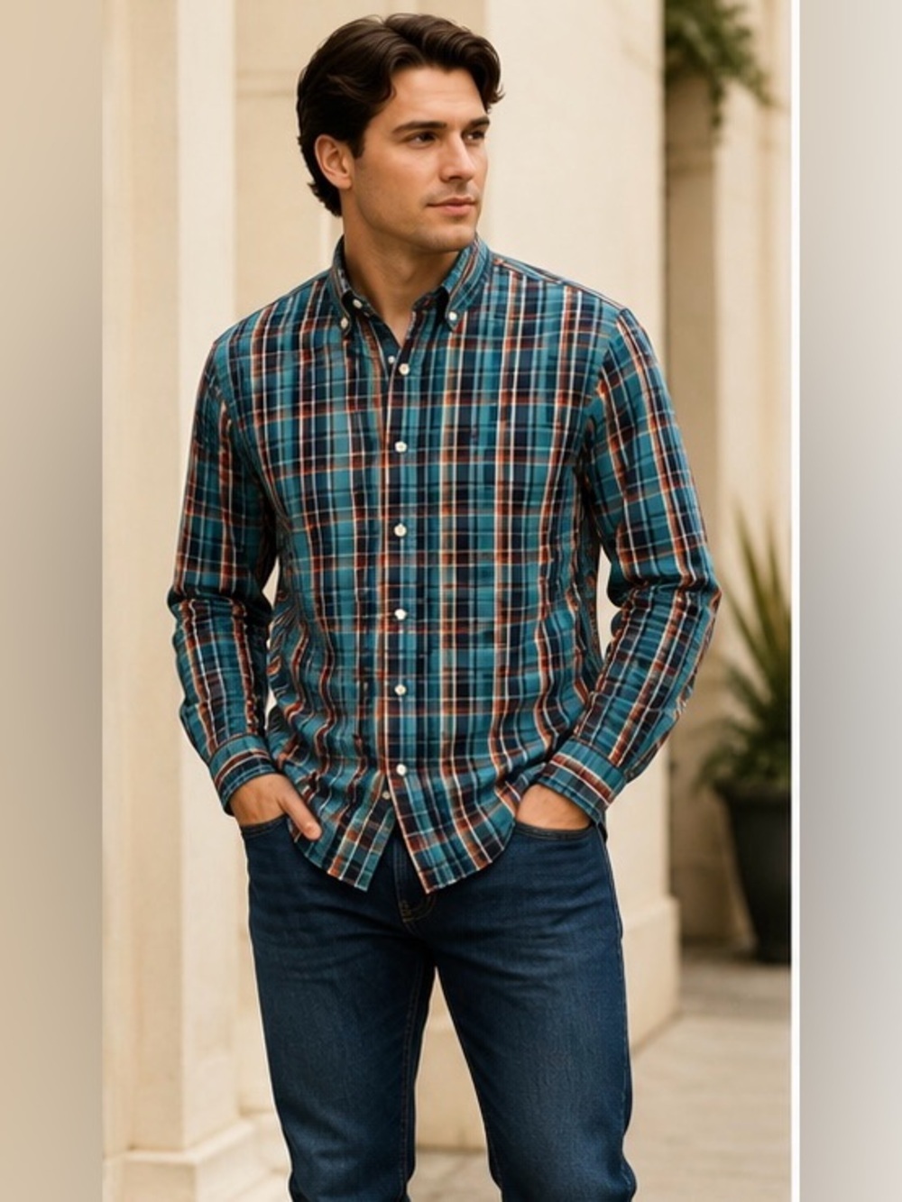 Chaps Plaid Button Down Shirt Men's Small Teal Orange Long Sleeve